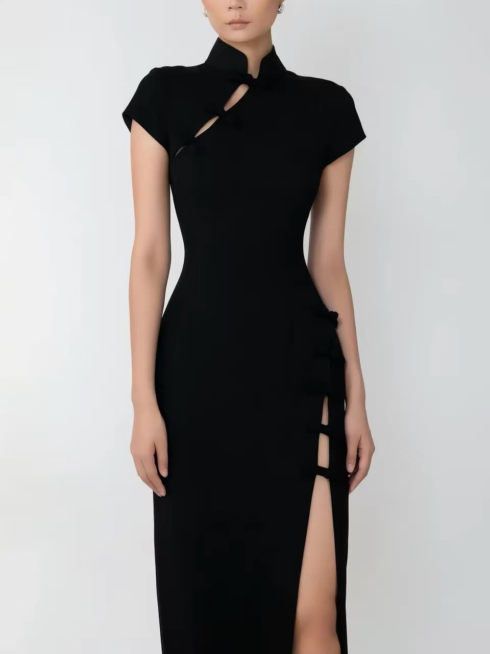 Mandarin Cutout Gown — detail of the mandarin collar and cutout